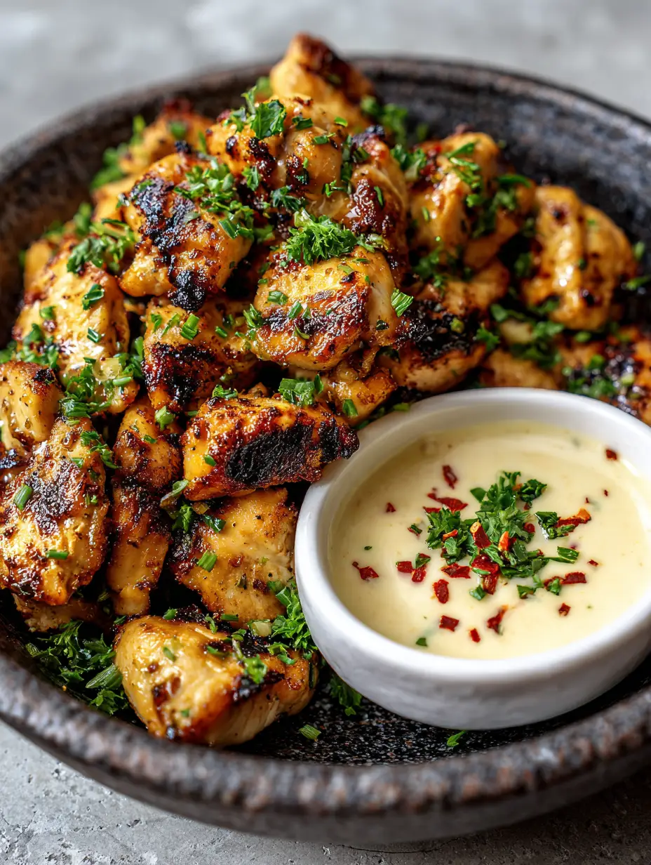 Close up of bite-sized Grilled Chicken Bites with Garlic Sauce showing deep golden brown char marks and fresh parsley.
