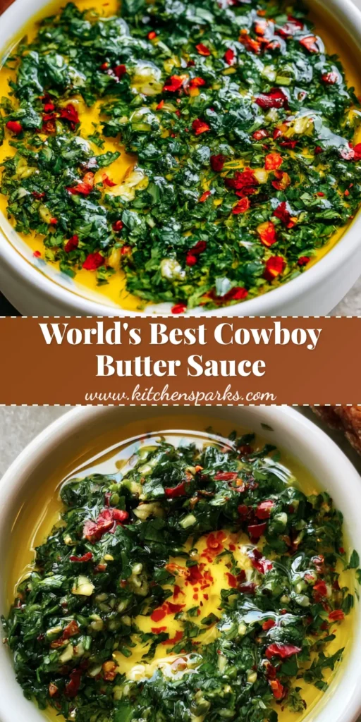 Cowboy Butter Recipe: The Ultimate Bold Garlic and Herb Dipping Sauce 4 A top-down view of a Cowboy Butter Recipe in a white ramekin with fresh parsley and red flakes, next to toasted bread.