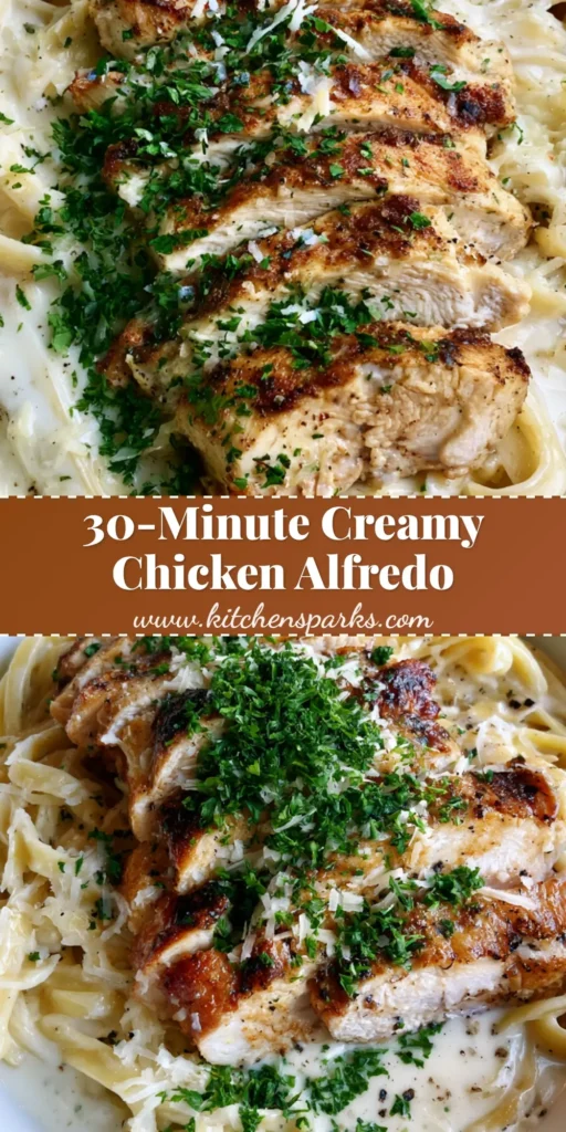 A top-down view of a white bowl filled with Creamy Chicken Alfredo, topped with golden seared chicken slices and fresh parsley.