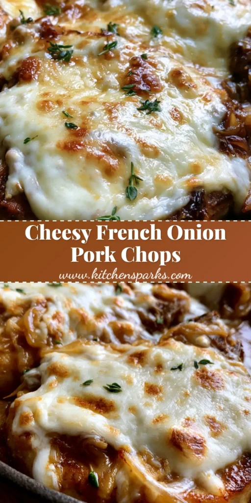 A top-down view of French Onion Pork Chops in a cast iron skillet with melted bubbly provolone cheese and fresh thyme.