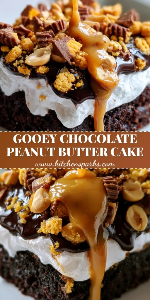A square slice of Chocolate Peanut Butter Dump Cake with layers of dark cake, white marshmallow, and glossy ganache topped with nuts and PB cups.