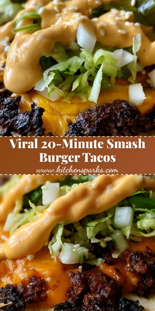 A close-up vertical shot of a Smash Burger Taco featuring charred crispy beef, melted American cheese, and pale orange sauce on a toasted flour tortilla.