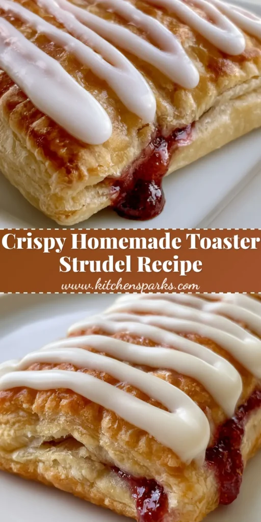 A close-up of a rectangular Homemade Toaster Strudel with thick golden puff pastry and a heavy zigzag of white vanilla icing drizzle on a white plate.