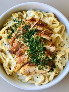 Close-up of thick fettuccine noodles in a glossy garlic parmesan sauce with seared chicken. (Creamy Chicken Alfredo)