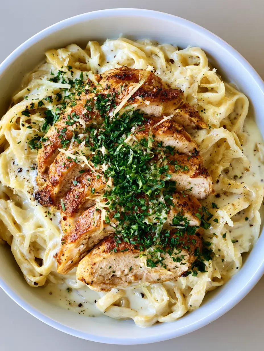 Close-up of thick fettuccine noodles in a glossy garlic parmesan sauce with seared chicken. (Creamy Chicken Alfredo)