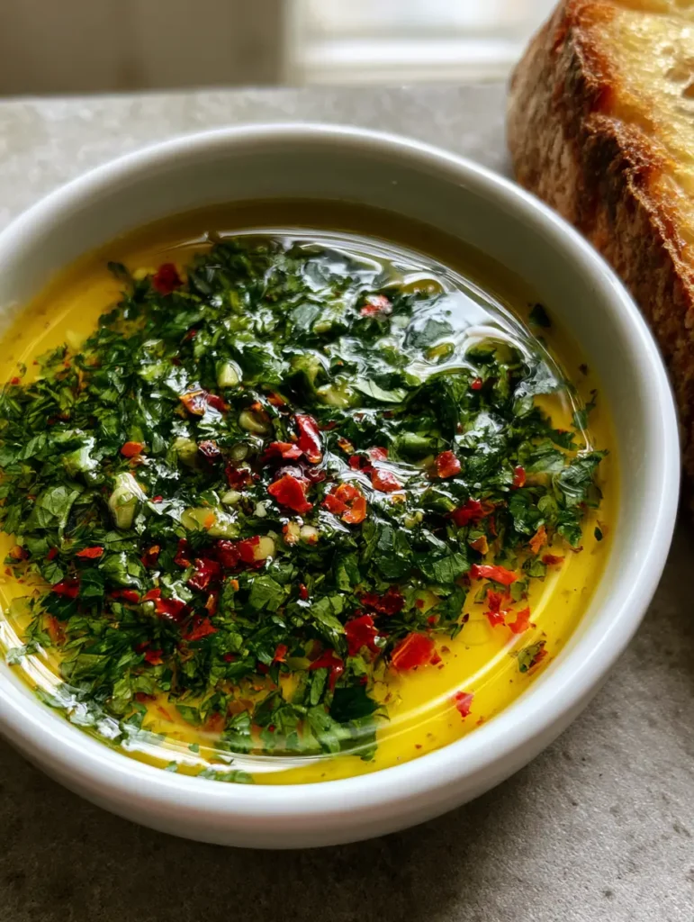 Cowboy Butter Recipe: The Ultimate Bold Garlic and Herb Dipping Sauce 1 Artisanal toasted bread next to a small white bowl of Cowboy Butter Recipe on a grey stone surface.