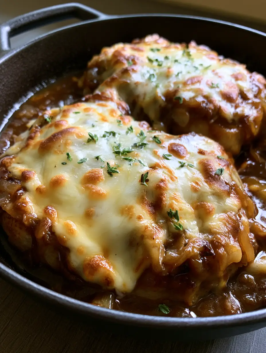 Smartphone photo of seared French Onion Pork Chops topped with bubbling provolone and fresh thyme in a cast iron pan.