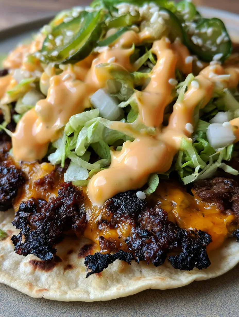 Handheld smartphone photo showing the jagged, charred edges of a smash burger patty on a small flour tortilla. (Smash Burger Tacos)