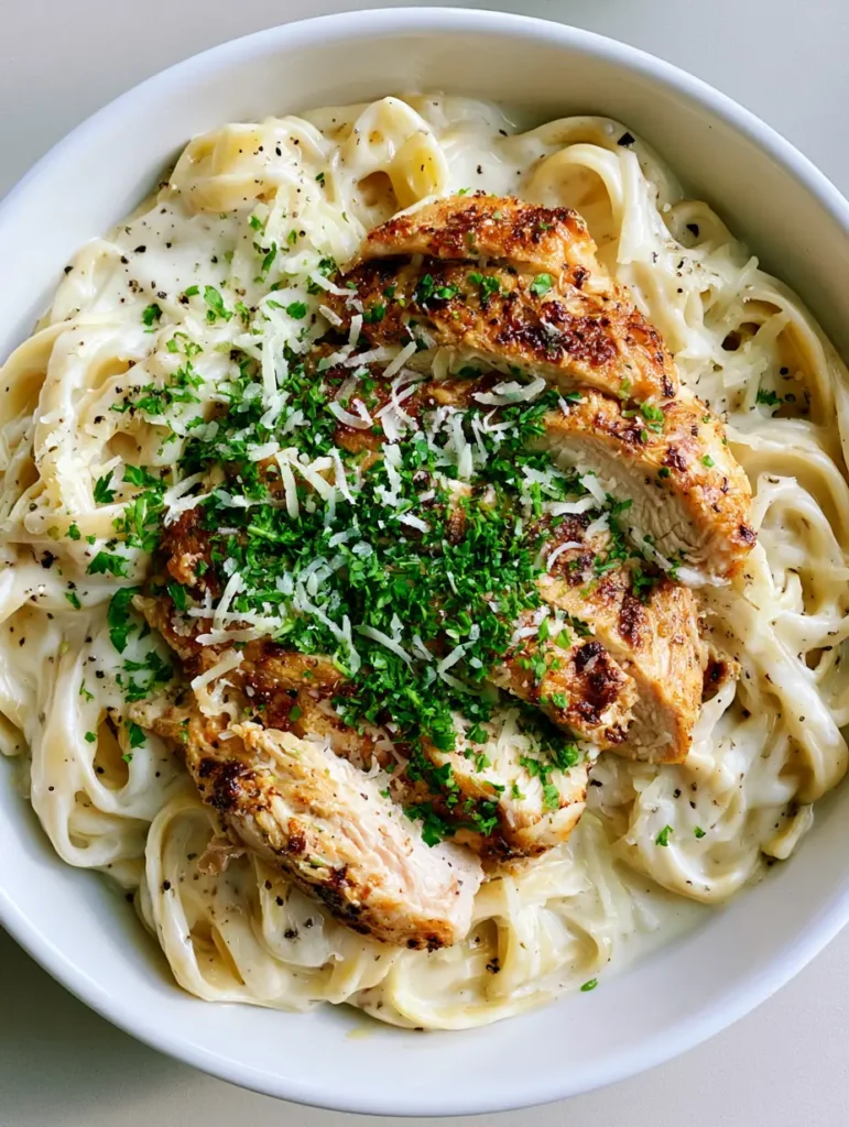 Slices of golden-brown seared chicken breast layered over a bowl of Creamy Chicken Alfredo.