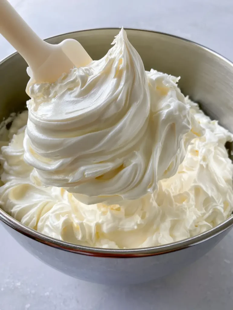 Italian Meringue Buttercream: The Secret to Silky, Glossy Professional Frosting 2 Close-up of a stainless steel mixing bowl filled with thick, glossy ivory Italian Meringue Buttercream frosting showing firm peaks.