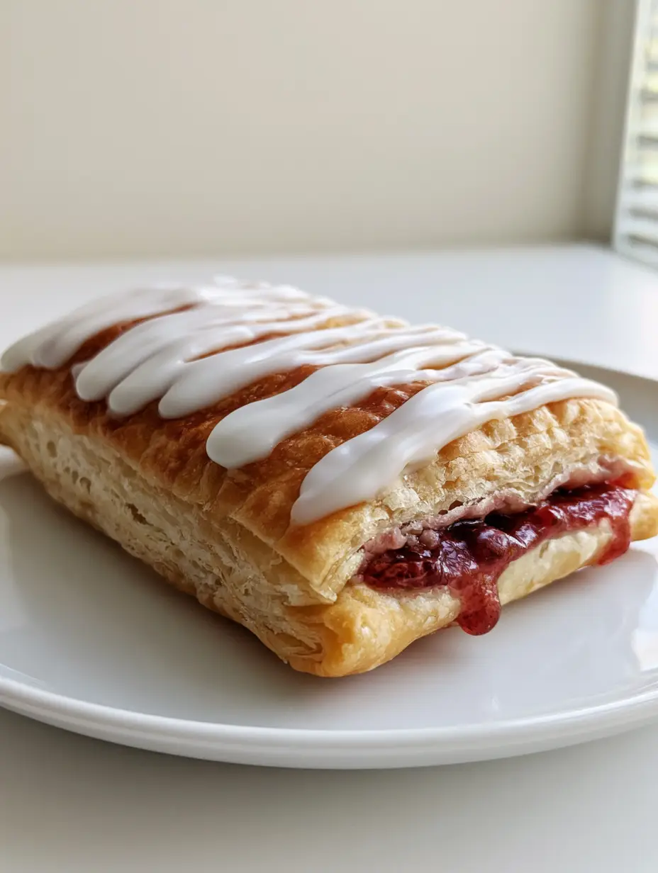 Macro shot of a Homemade Toaster Strudel showing buttery pastry flakes and a viscous dark red strawberry filling oozing from the side.