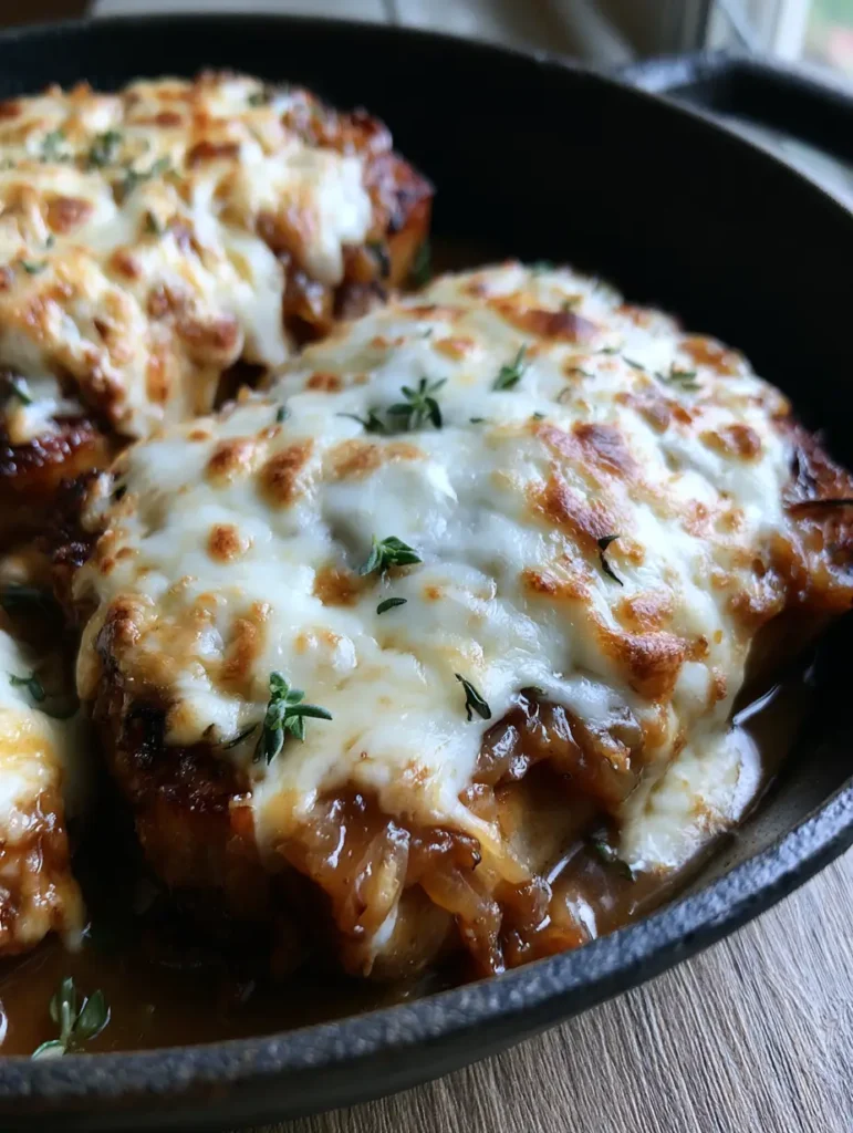 Close-up of caramelized onion gravy and melted white cheese on thick-cut pork chops.