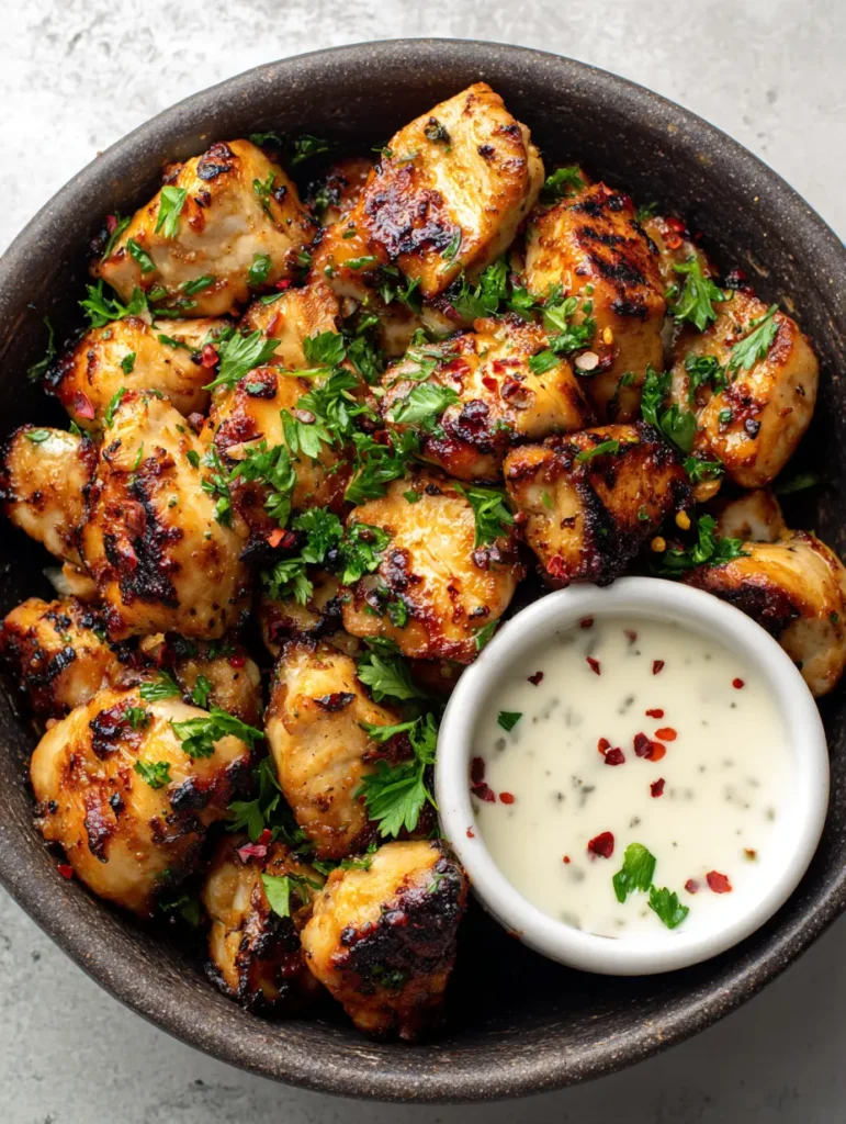 Side view of Grilled Chicken Bites with Garlic Sauce in a dark ceramic bowl with a porcelain ramekin of sauce.