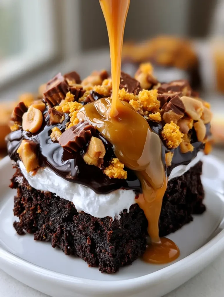 High-angle shot of a single slice of layered dump cake with cookie crumbles and halved roasted peanuts on a white plate.