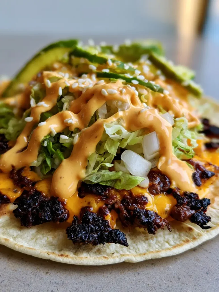 A Smash Burger Taco topped with thick pale orange sauce, shredded lettuce, diced onions, and green pickles. (Smash Burger Tacos)