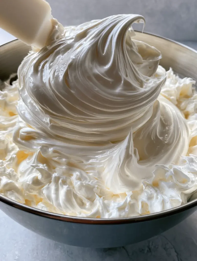Italian Meringue Buttercream: The Secret to Silky, Glossy Professional Frosting 1 A silicone spatula lifting a voluminous swirl of smooth Italian Meringue Buttercream with a reflective finish.
