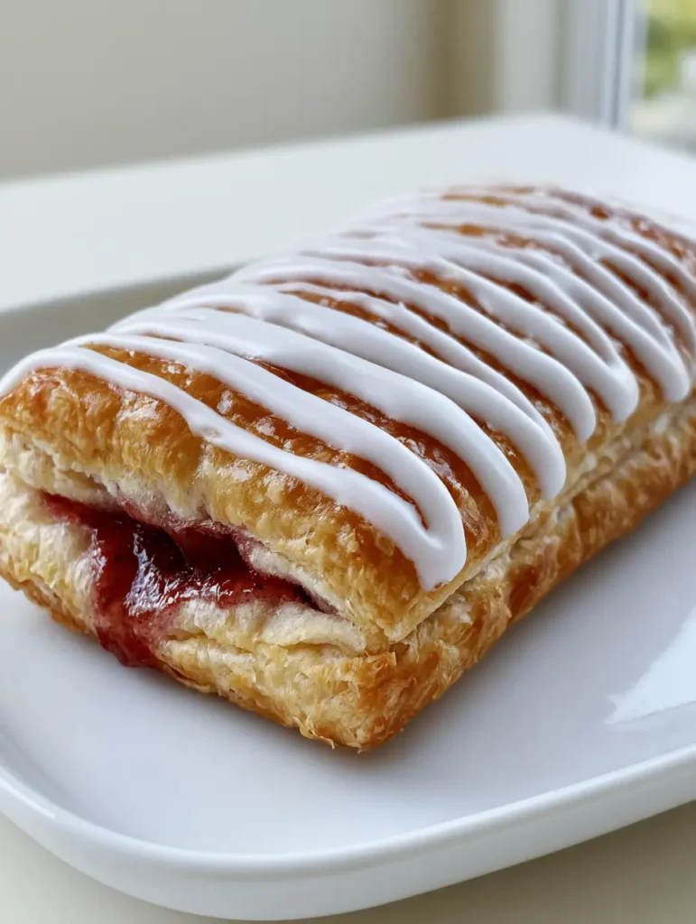 Top view of a Homemade Toaster Strudel with a uniform zigzag pattern of heavy white icing on a minimalist white plate.