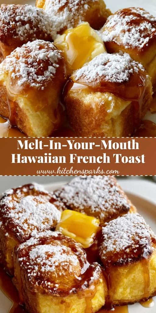 A close-up shot of Hawaiian Roll French Toast with a melting butter pat and amber syrup cascade on a white plate.