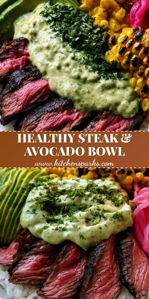 Steak and Avocado Rice Bowl with Charred Corn and Cilantro Crema 4 A high-angle handheld smartphone photo of a steak and rice bowl featuring seared sirloin, avocado, and charred corn. (Steak and Avocado Rice Bowl)