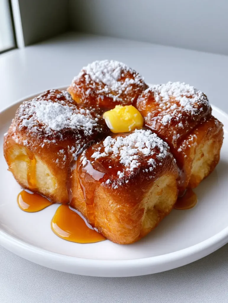 Detailed food photography of French toast made from Hawaiian rolls showing syrup dripping over square edges.