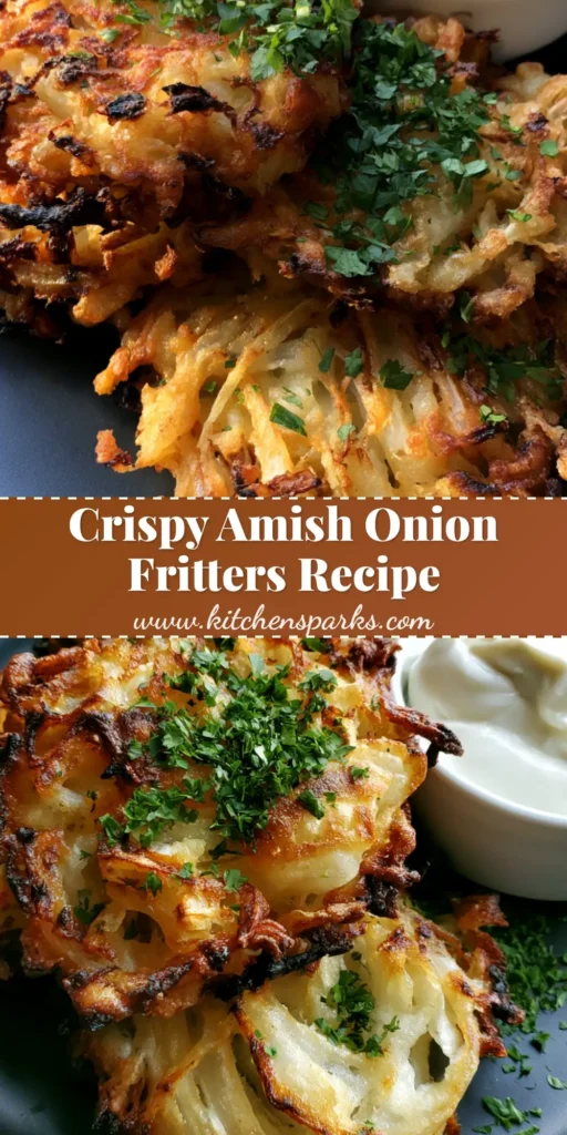A stack of crispy Amish Onion Fritters with visible onion strands and charred edges on a dark plate.