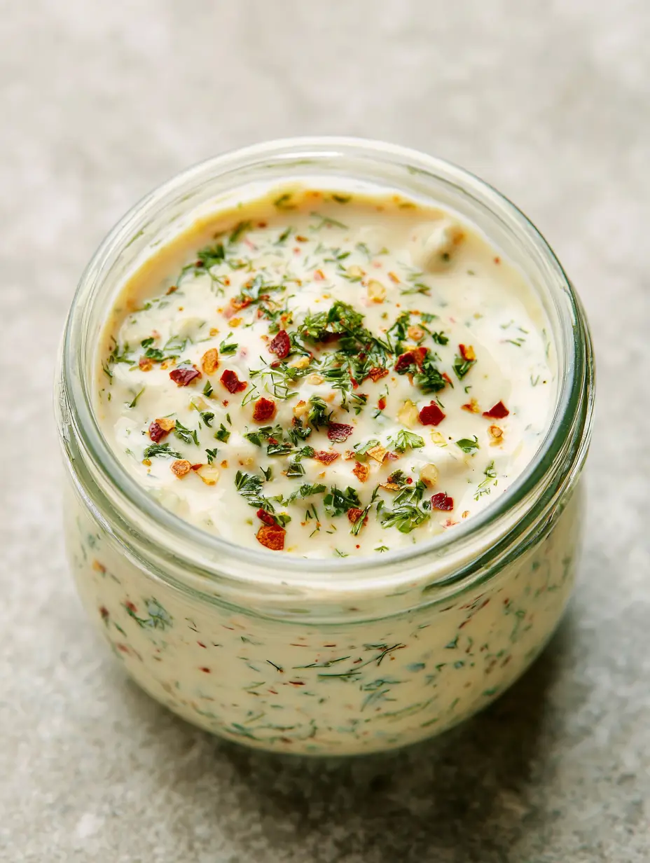 Close-up of Cowboy Butter Ranch Dressing showing the creamy buttermilk base and golden butter hue with red chili flakes.