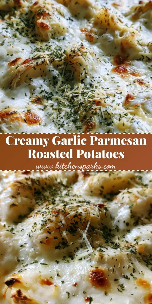 Garlic Parmesan Roasted Potatoes: The Ultimate Crispy and Creamy Side Dish 3 A glass casserole dish overflowing with golden-brown roasted potato wedges submerged in a bubbly white garlic cream sauce. (Garlic Parmesan Roasted Potatoes)