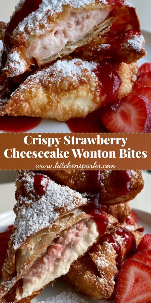 Strawberry Cheesecake Wontons: Crispy Golden Dessert Bliss 4 A stack of golden-brown Strawberry Cheesecake Wontons on a white plate with glossy red sauce drizzle and fresh strawberries.