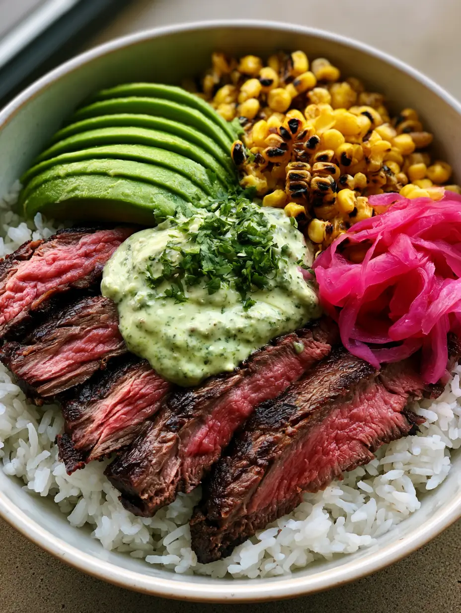 Steak and Avocado Rice Bowl with Charred Corn and Cilantro Crema 3 Close up view of seared sirloin strips with pink centers on a bed of jasmine rice. (Steak and Avocado Rice Bowl)