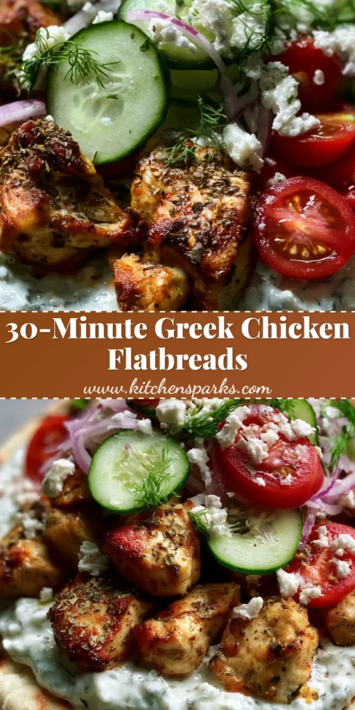 A close-up handheld smartphone photo of a single Greek Chicken Flatbread featuring golden-brown seared chicken, thick tzatziki, and fresh dill sprigs on a charred pita.