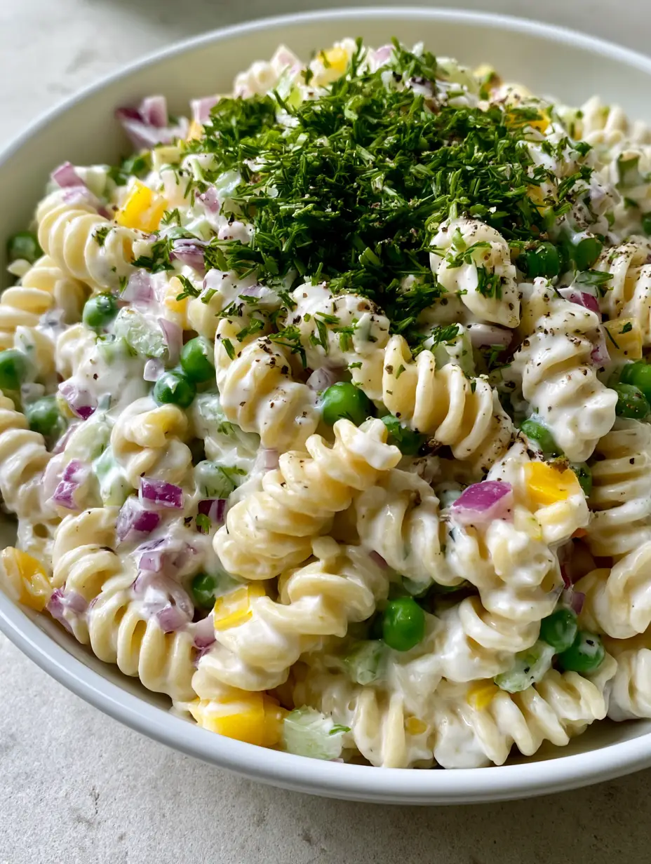 Sour Cream Pasta Salad with Fresh Dill and Crisp Vegetables 3 Close-up of Sour Cream Pasta Salad showing the thick white dressing, vibrant green peas, and yellow pepper cubes in a white bowl.