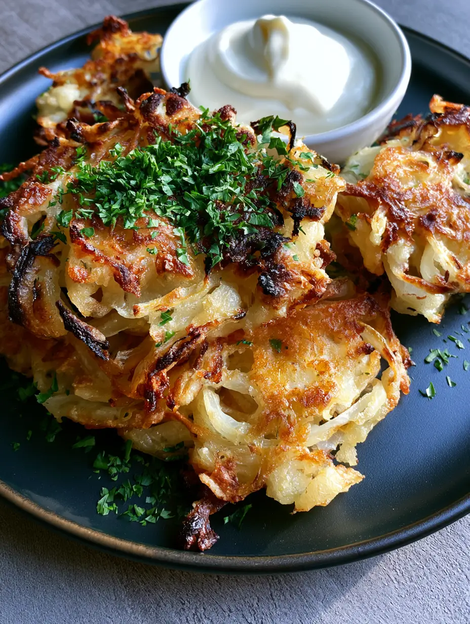 Top-down view of golden-brown Amish Onion Fritters with lacy texture and fresh parsley garnish.