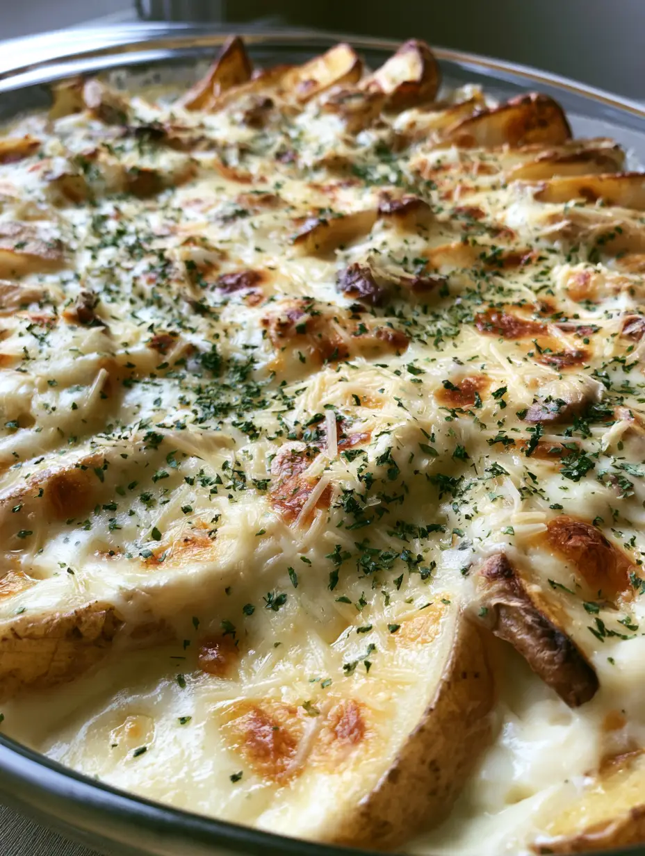Garlic Parmesan Roasted Potatoes: The Ultimate Crispy and Creamy Side Dish 4 Extreme close-up of toasted sauce peaks and melted parmesan cheese on roasted potato wedges. (Garlic Parmesan Roasted Potatoes)
