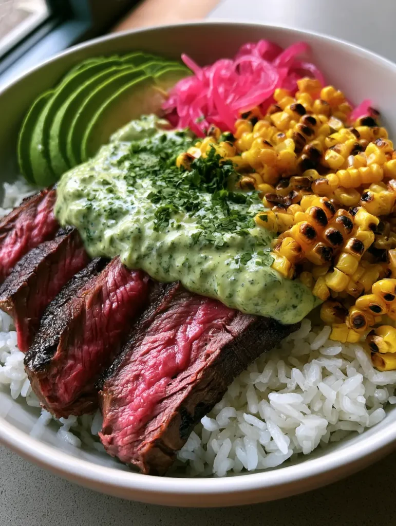 Steak and Avocado Rice Bowl with Charred Corn and Cilantro Crema 1 A top-down view of the Steak and Avocado Rice Bowl with drizzled cilantro cream sauce.