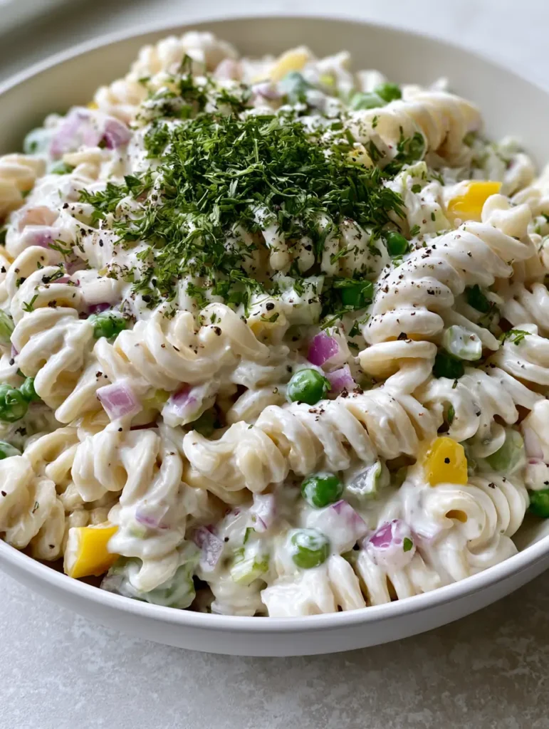 Sour Cream Pasta Salad with Fresh Dill and Crisp Vegetables 1 Slightly angled view of a fresh pasta salad with dill and black pepper on a neutral grey stone surface.