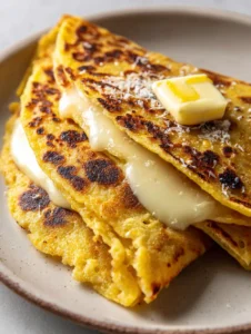 Close-up of a Venezuelan Sweet Corn Cachapa showing charred spots and crushed corn kernels.