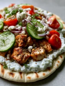 A top-down view of the Greek Chicken Flatbread showing the thick layer of tzatziki and vibrant cucumber half-moons.