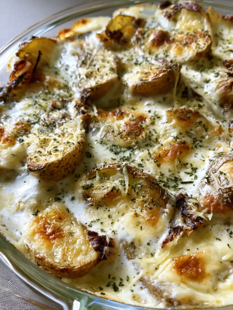 Garlic Parmesan Roasted Potatoes: The Ultimate Crispy and Creamy Side Dish 1 A handheld smartphone photo showing the charred, crisp edges of potato wedges peeking through a thick white sauce. (Garlic Parmesan Roasted Potatoes)
