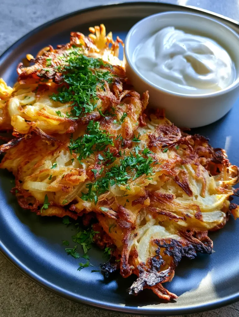 Close-up of Amish Onion Fritters stacked next to a bowl of thick white sour cream sauce.