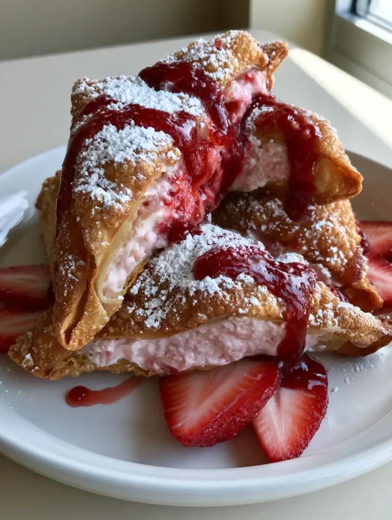 Strawberry Cheesecake Wontons: Crispy Golden Dessert Bliss 1 Handheld smartphone photo of Strawberry Cheesecake Wontons on a white ceramic plate under natural lighting.
