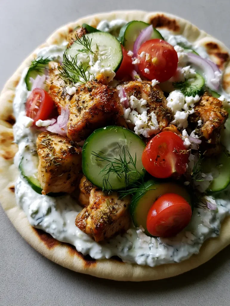 A detailed shot of the seared chicken chunks seasoned with oregano on the Greek Chicken Flatbread.