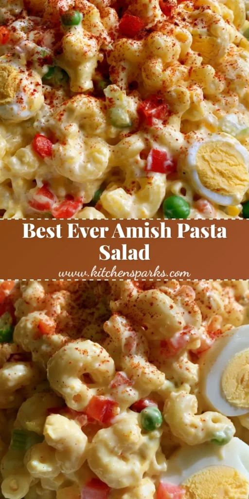 Amish Pasta Salad: The Ultimate Creamy and Tangy Macaroni Classic 4 A top-down view of a white ceramic bowl containing Amish Pasta Salad with creamy yellow dressing, red peppers, and a paprika garnish.
