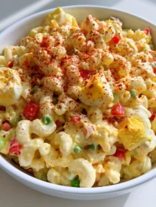 Macro photography of Amish Pasta Salad showing the glossy yellowish-white dressing and chunks of hard-boiled eggs.
