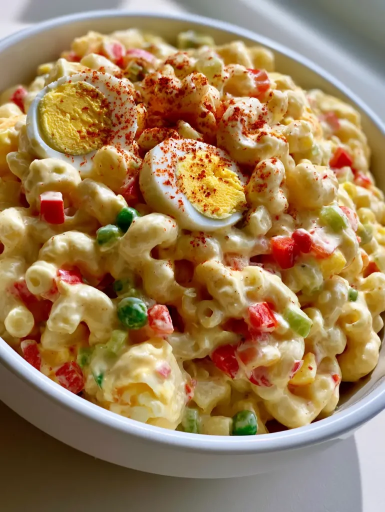 Amish Pasta Salad: The Ultimate Creamy and Tangy Macaroni Classic 1 Close-up of Amish Pasta Salad in a white bowl featuring green peas and diced red bell peppers.