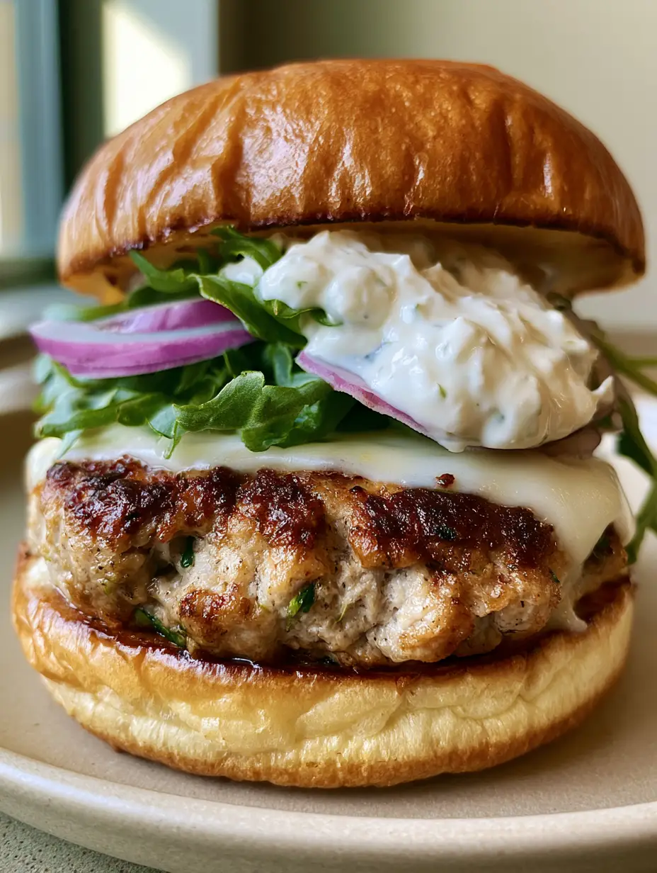 Juicy Turkey Burger: The Ultimate Seared Gourmet Masterpiece 3 Close-up of a Juicy Turkey Burger showing visible herb flecks in the patty and melted white cheese.