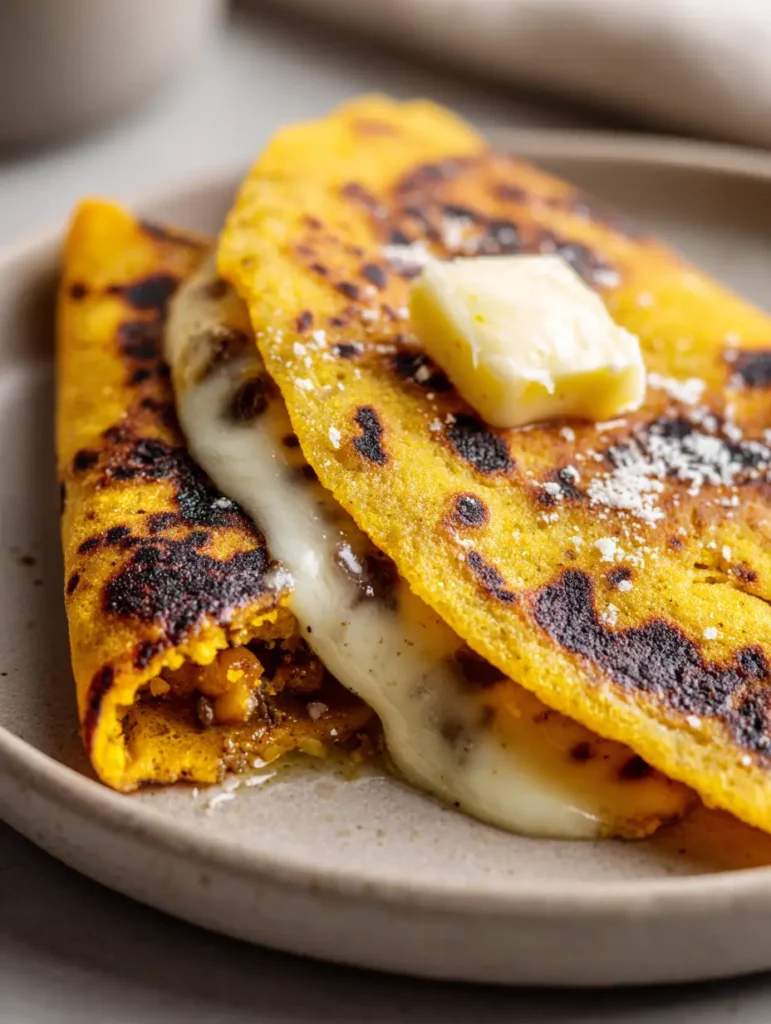 Melted mozzarella cheese oozing out of a folded Venezuelan Sweet Corn Cachapa.