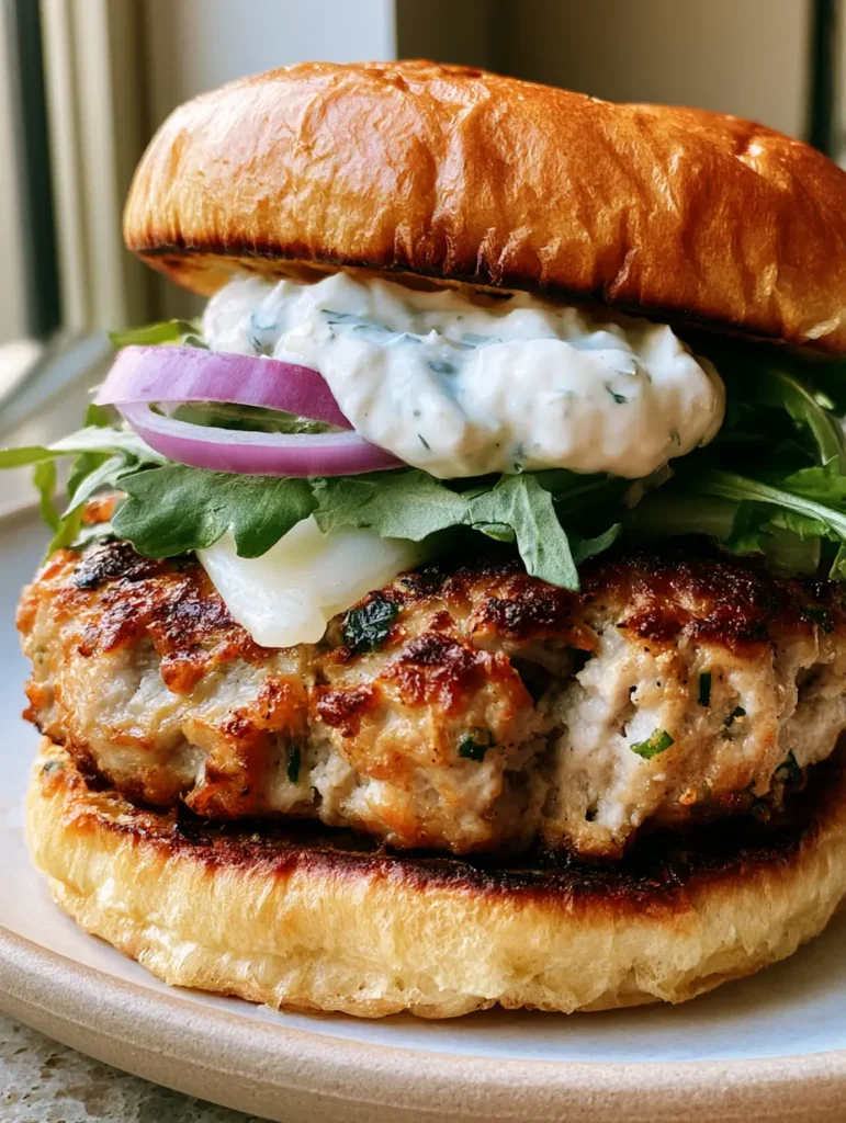Juicy Turkey Burger: The Ultimate Seared Gourmet Masterpiece 1 A gourmet Juicy Turkey Burger featuring fresh arugula, sliced red onion, and a dollop of herb mayonnaise.