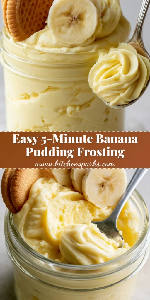 Banana Pudding Frosting: The Ultimate Creamy Magnolia-Style Recipe 4 A clear mason jar filled with thick, pale yellow Banana Pudding Frosting topped with vanilla wafers and fresh banana slices.