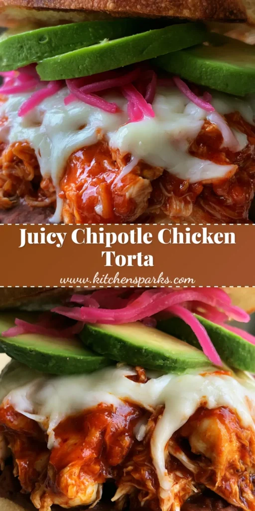 A close-up vertical shot of a Chipotle Chicken Torta on a white plate, featuring melted Oaxaca cheese and bright pickled onions, optimized for Pinterest.