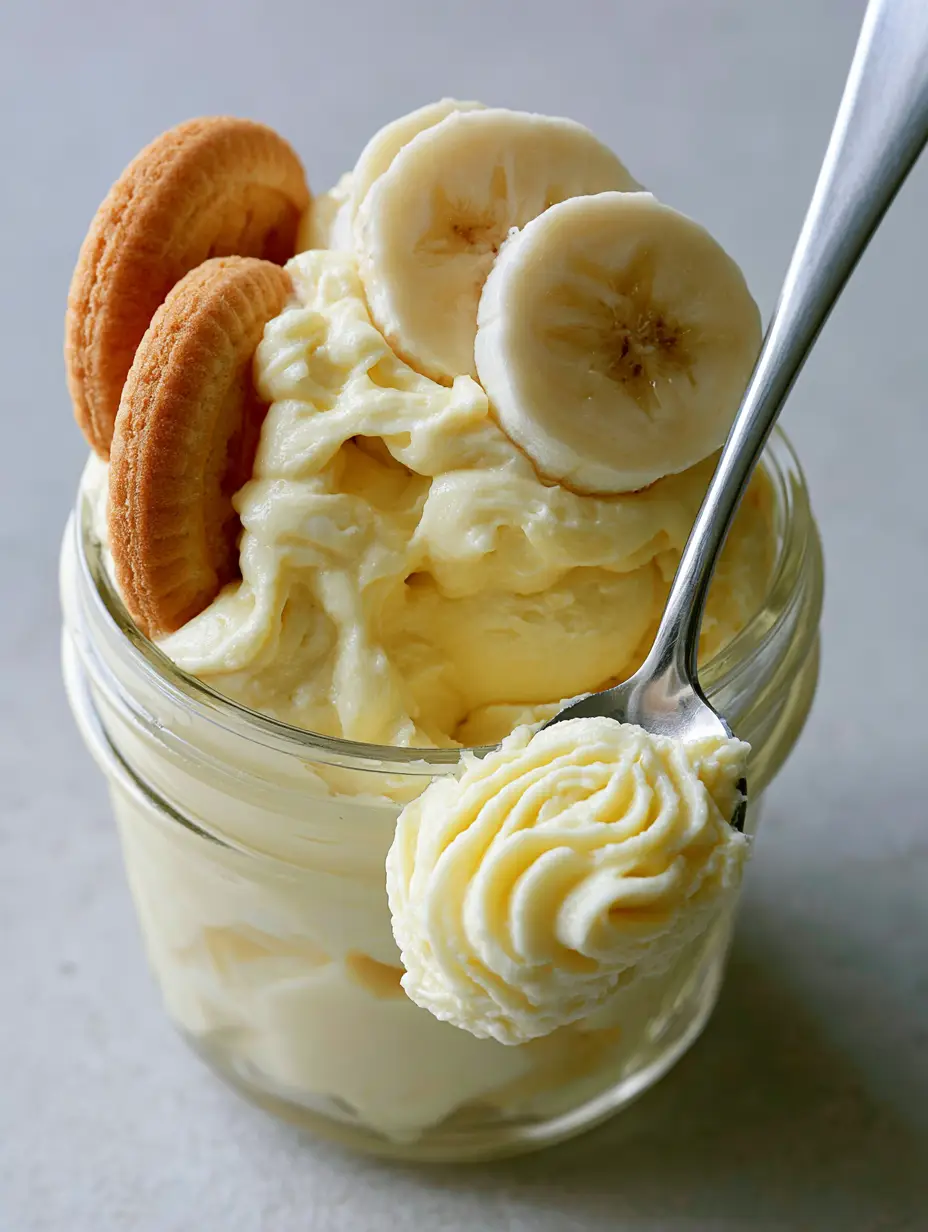 Banana Pudding Frosting: The Ultimate Creamy Magnolia-Style Recipe 3 Close up of a silver spoon holding a swirl of smooth Banana Pudding Frosting over a mason jar.